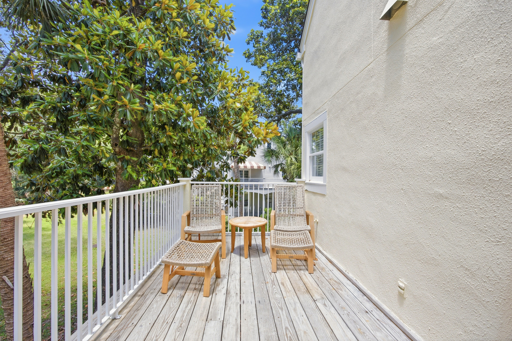 Timber decking and textured seating create a quiet nook perched among the leafy magnolia branches. Spend your afternoon in the dappled shade of the canopy, where the gentle breeze and pale wood tones offer a peaceful escape.