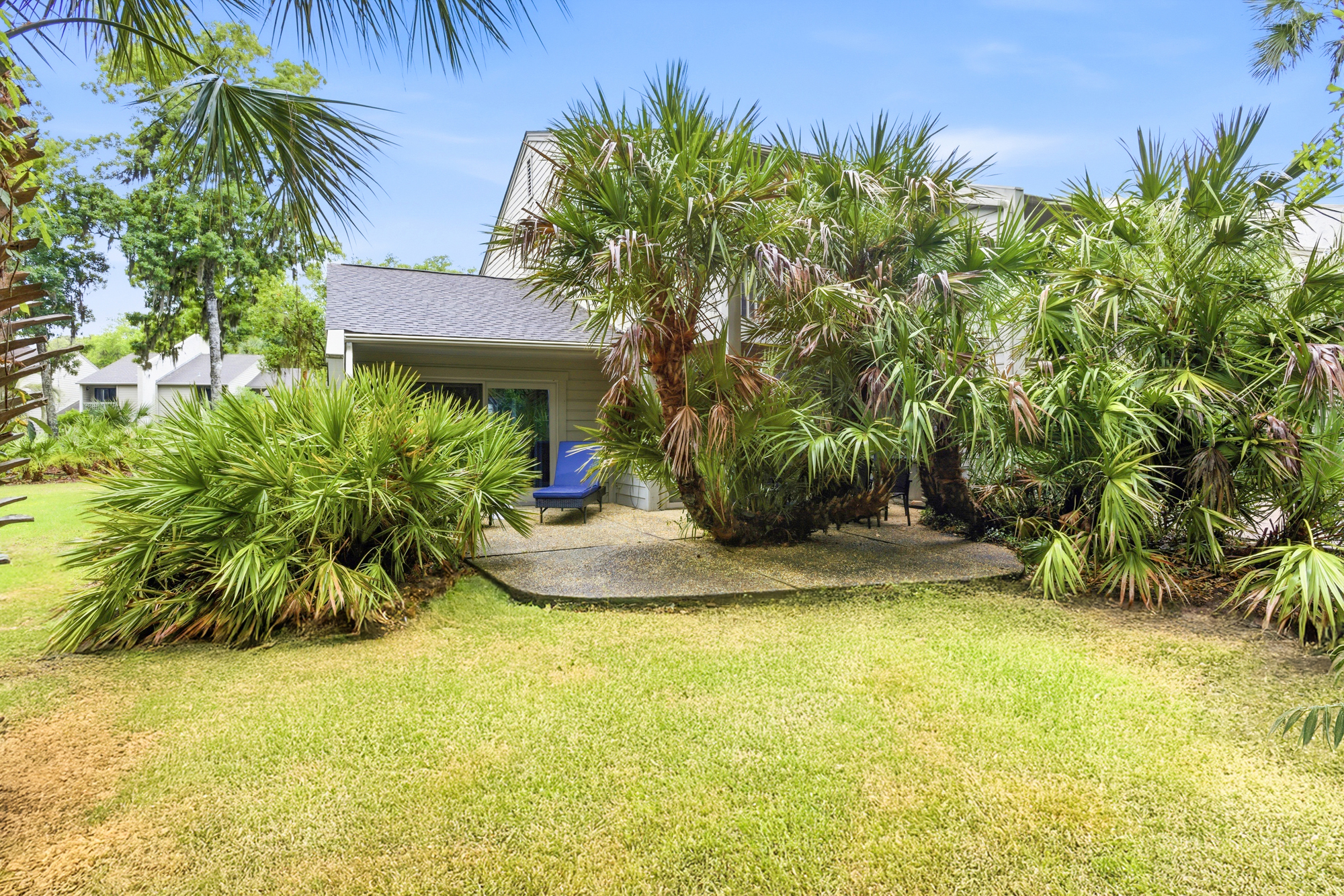 Verdant palm fronds frame a quiet stone patio, creating a secluded pocket of shade for slow afternoons. Vibrant greenery meets a soft lawn under the wide coastal sky, offering a peaceful spot to breathe and listen to the rustling leaves.