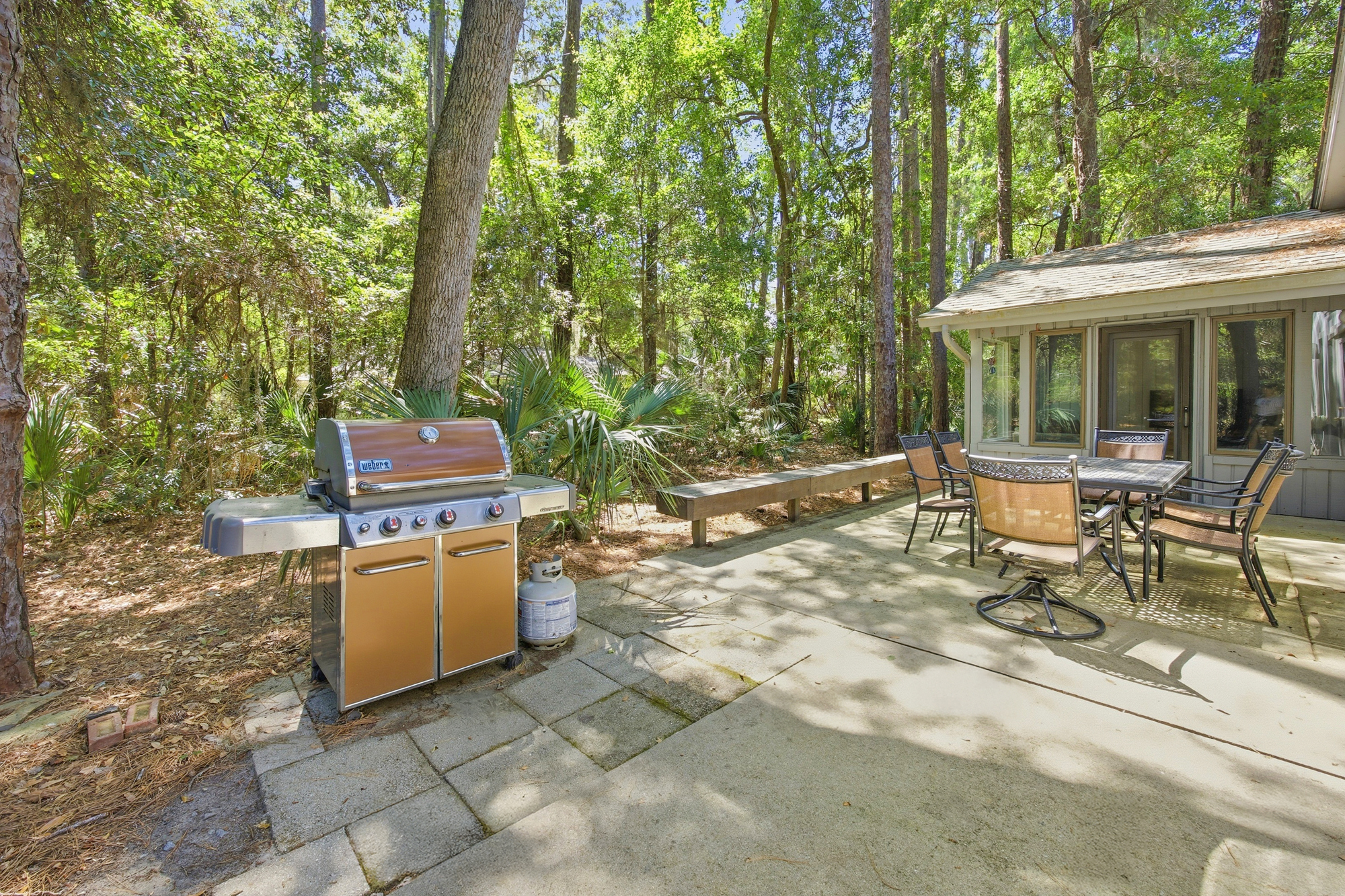 Lush greenery frames this secluded stone patio, where a modern grill and comfortable dining set wait for breezy afternoon cookouts. Tall pines cast soft shadows over the quiet clearing, creating a peaceful space for meals in the fresh air.