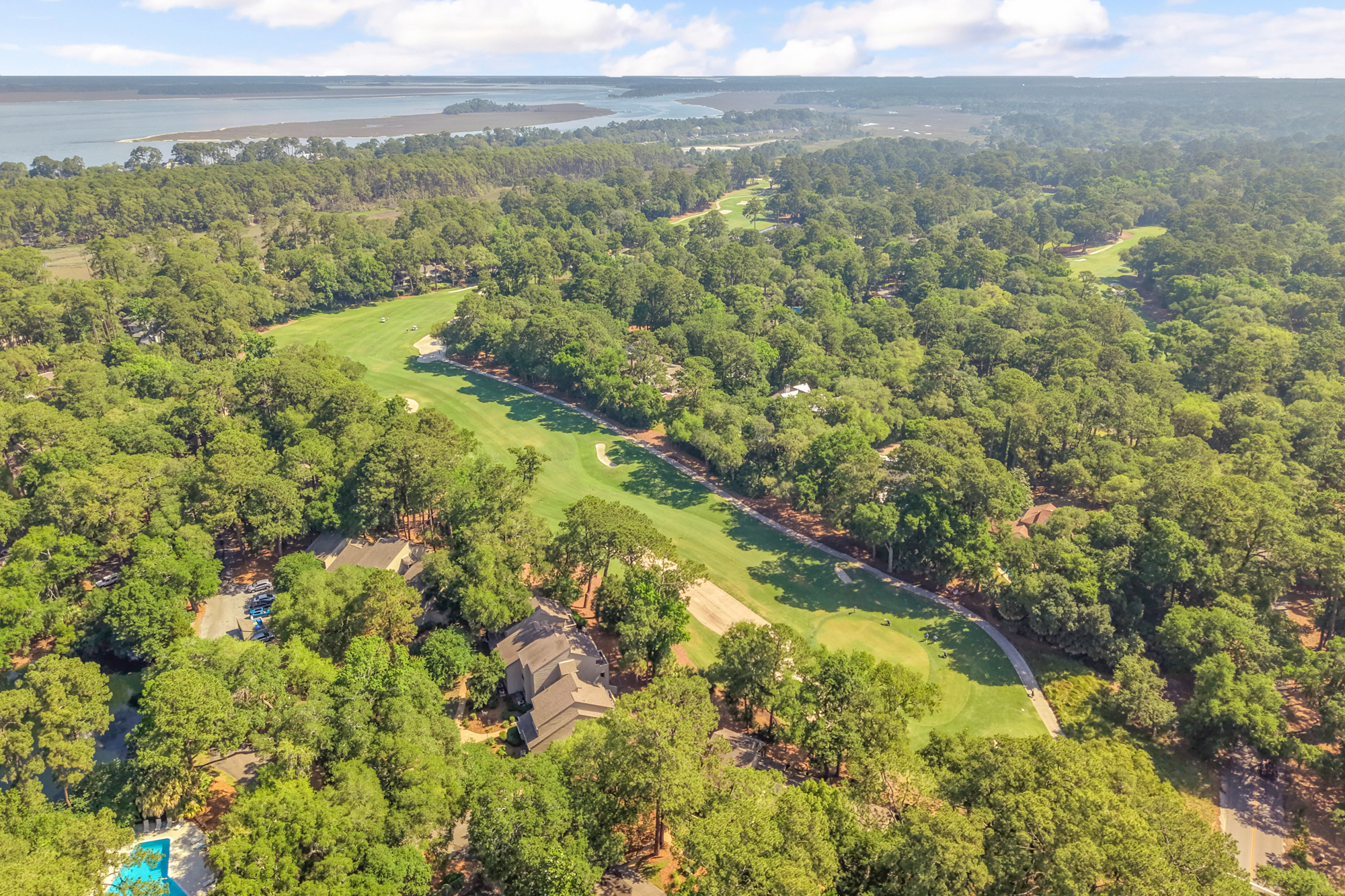 Lush coastal canopies and emerald fairways stretch toward the sparkling water under a bright sky. This aerial view captures the serene landscape and quiet beauty of the surrounding forest, offering a peaceful sense of space.