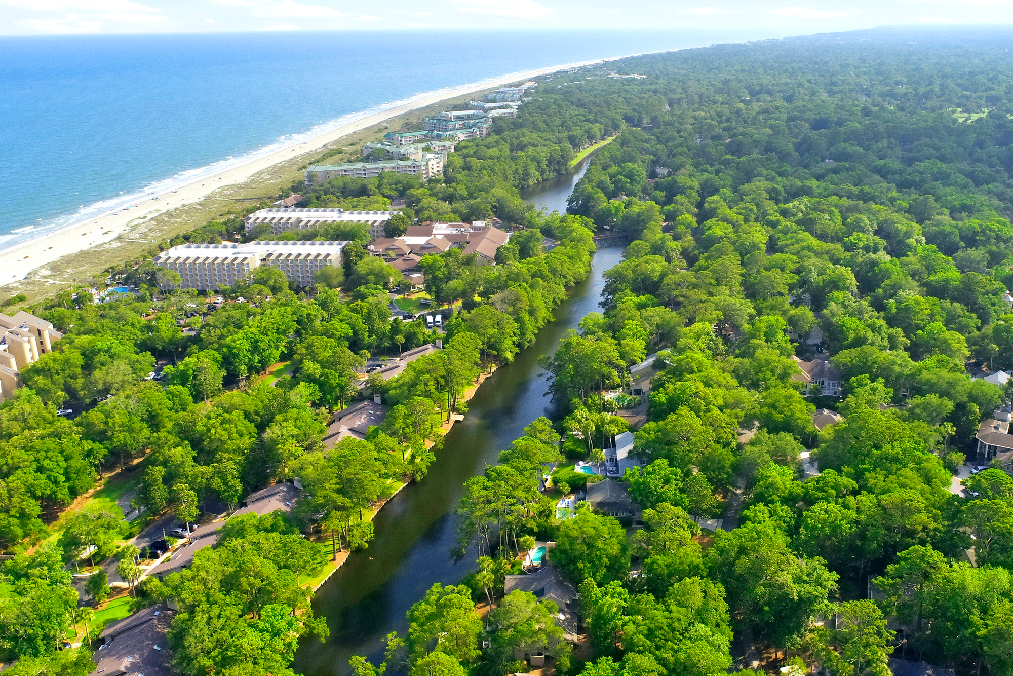 Ocean waves meet a lush canopy of oaks and pines, where a quiet canal snakes through the landscape. This aerial view captures the seamless blend of salt air, thick forest, and the peaceful rhythm of life by the water.