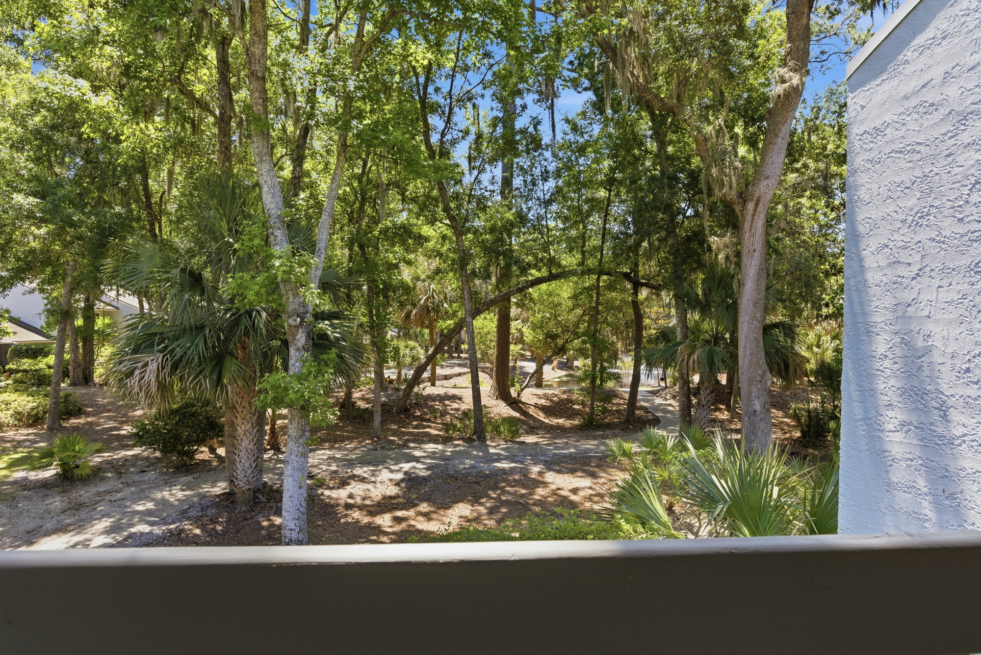 Verdant canopy views and Spanish moss create a serene backdrop for your morning coffee. This private balcony offers a quiet vantage point over winding paths and lush local greenery under a bright, clear sky.
