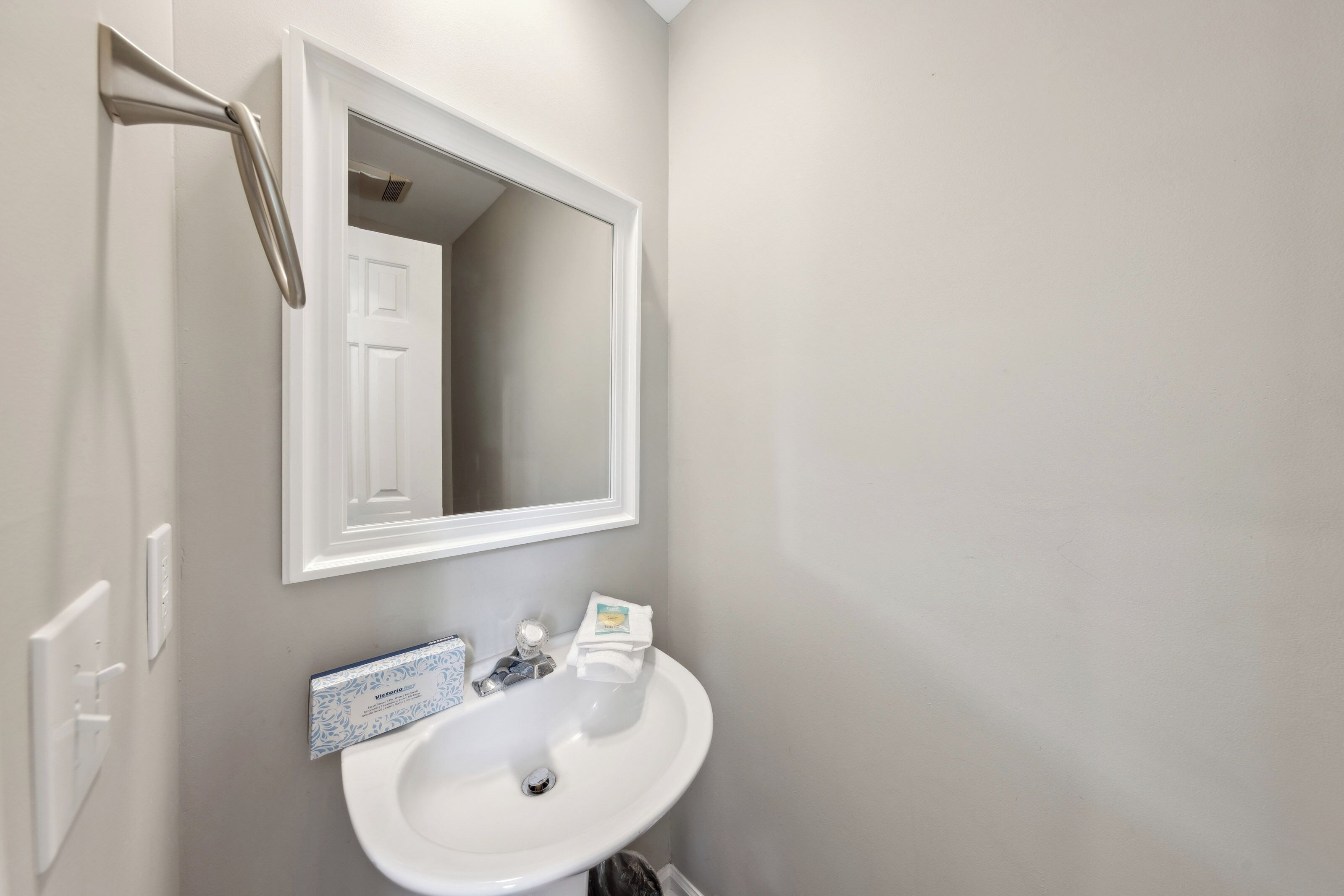 Sleek chrome fixtures and a classic white pedestal sink create a crisp, refreshed atmosphere. Neutral walls and a framed mirror reflect the gentle indoor glow, offering a tidy and serene nook for your morning routine.