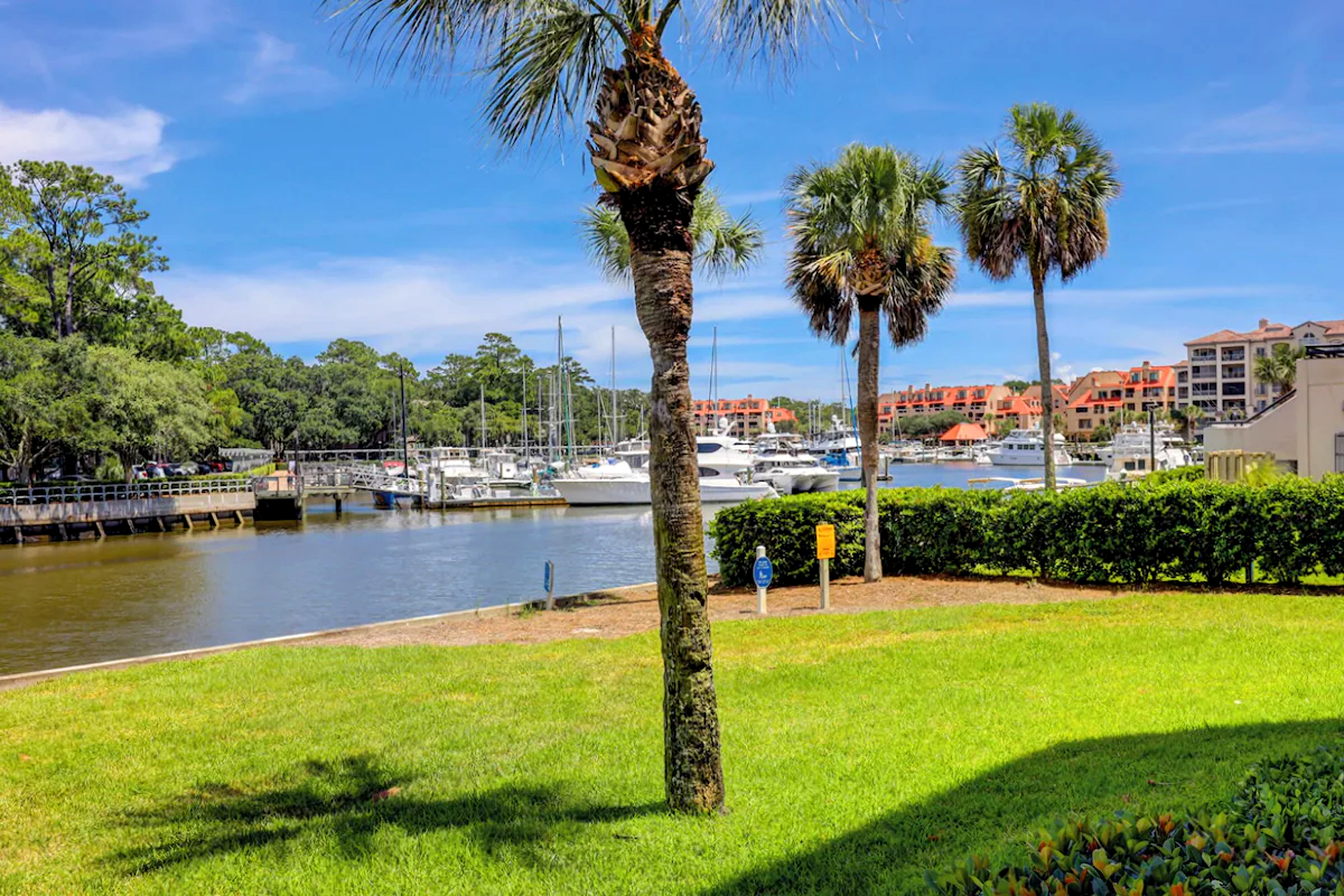 Tall palm trees sway over a lush green lawn, offering a front-row seat to the tranquil marina and white yachts. Bright midday sky reflects off the gentle water, creating a serene coastal backdrop for your stay.