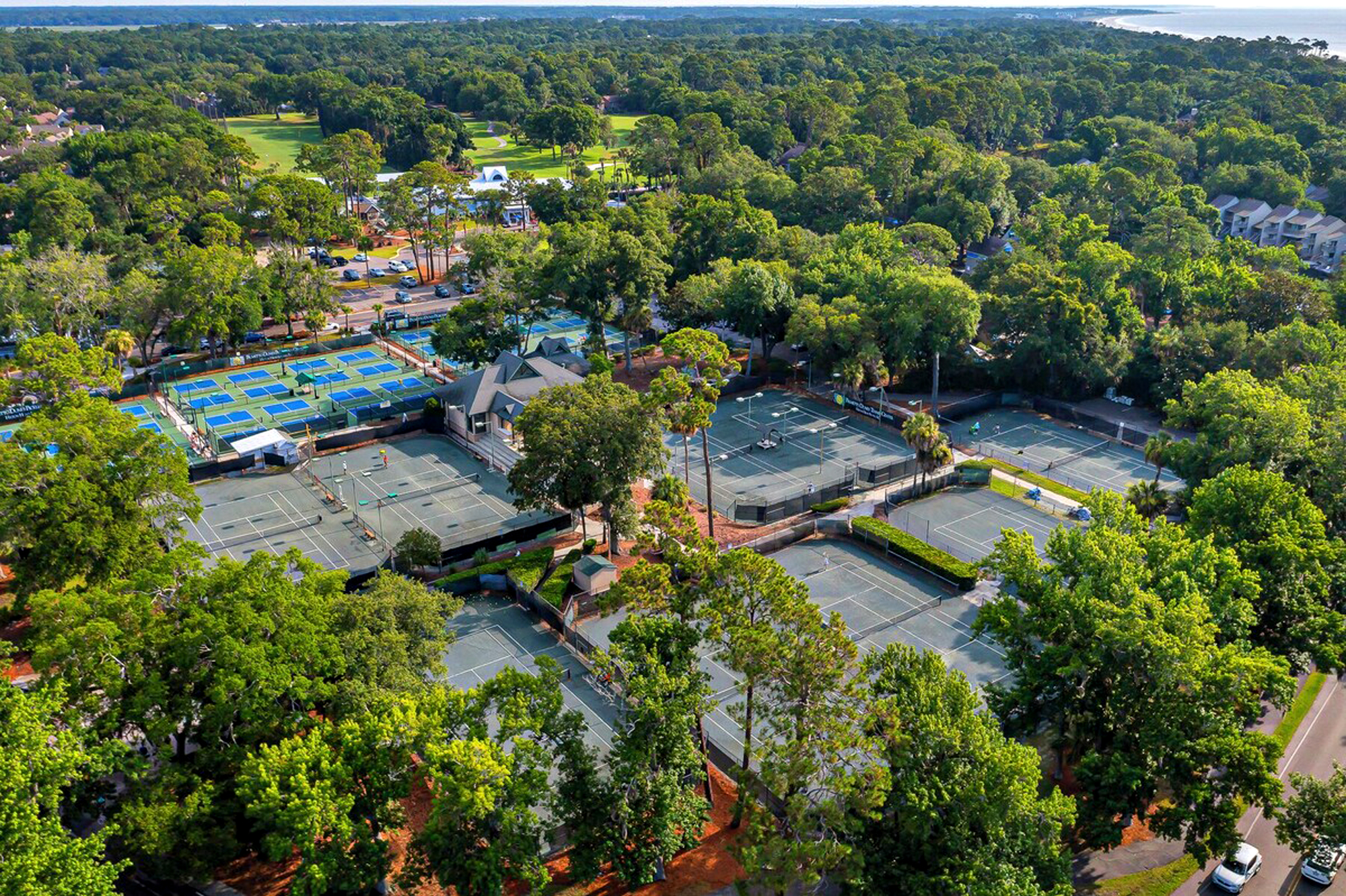 Manicured courts peek through a dense canopy of ancient oaks and pines, offering a premier destination for active afternoons. This verdant landscape blends professional sport with the peaceful quiet of a coastal forest.